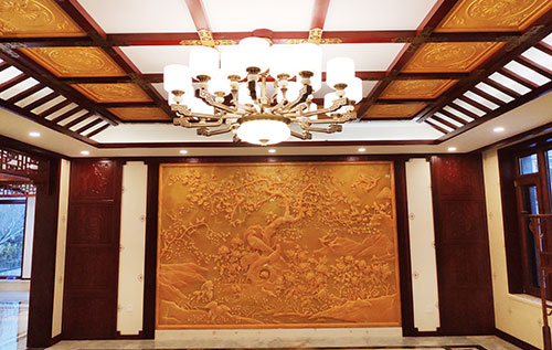 全州中式别墅客厅中式木作横梁吊顶装饰展示